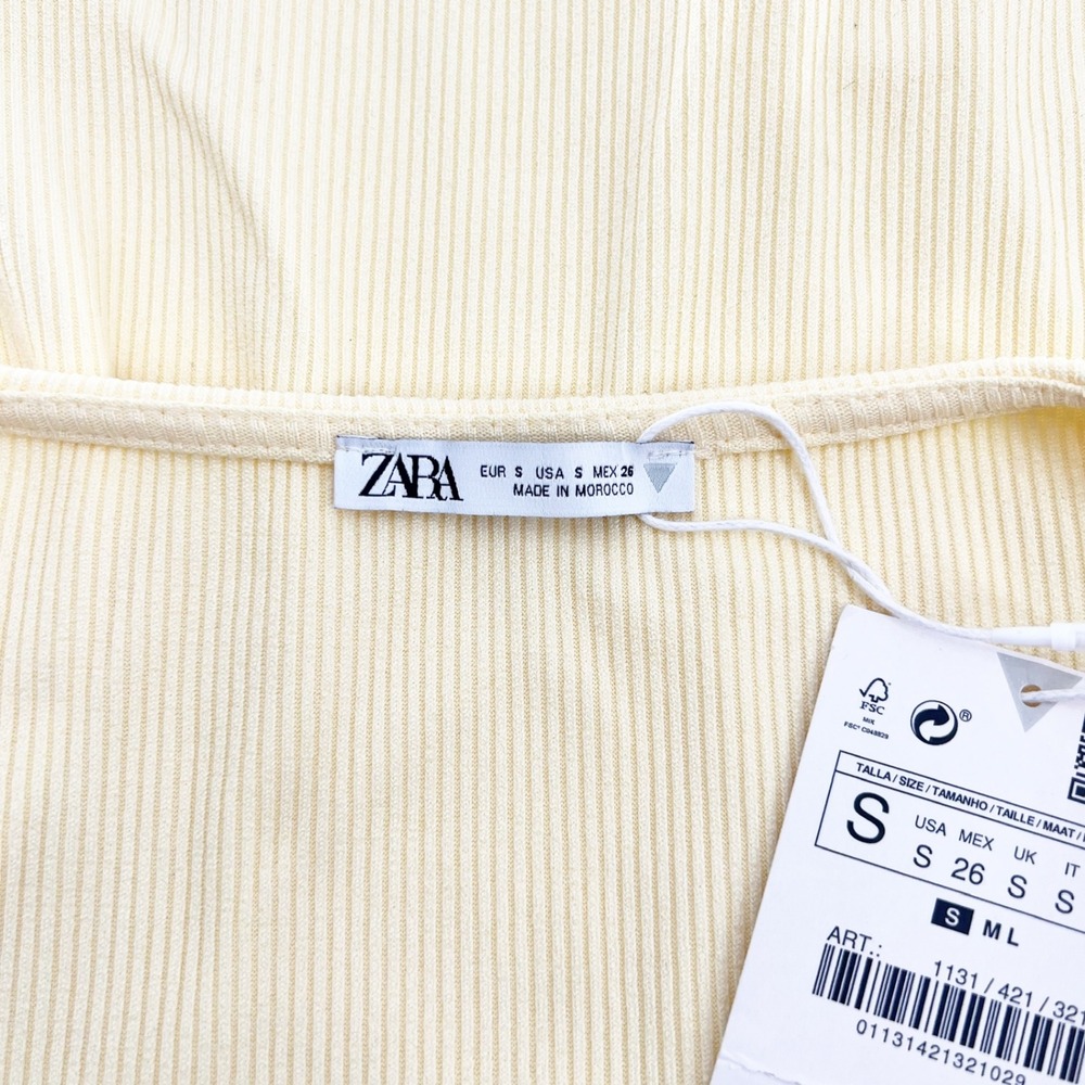 Zara Women Pale Yellow Ribbed Knit Square Neck Short Sleeve T-Shirt Size S NWT - Picture 3 of 5